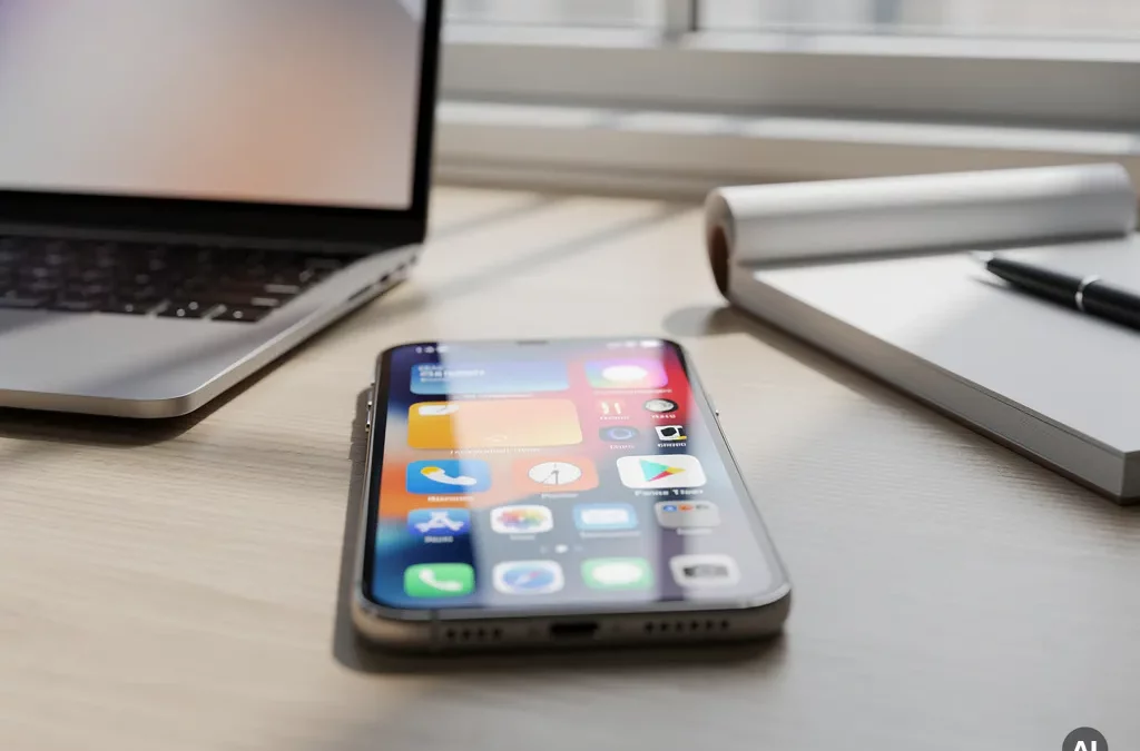 Sleek smartphone with vibrant app interface on minimalist desk, laptop and notepad nearby, soft natural light, photorealistic details.
