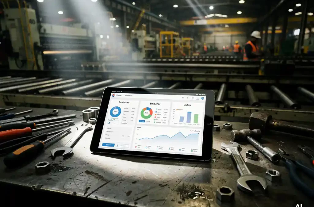 Tablet with factory management dashboard on workbench amidst tools, highlighting tech in traditional factory setting.