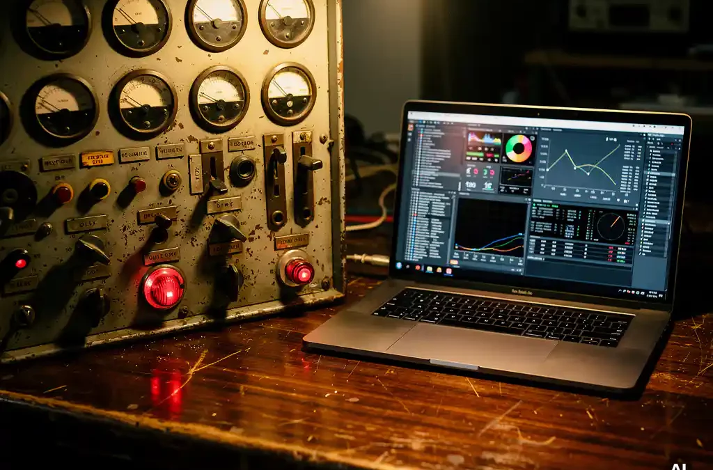 Vintage industrial control panel with dials and switches beside a modern laptop on a wooden workbench, highlighting old vs new technology.